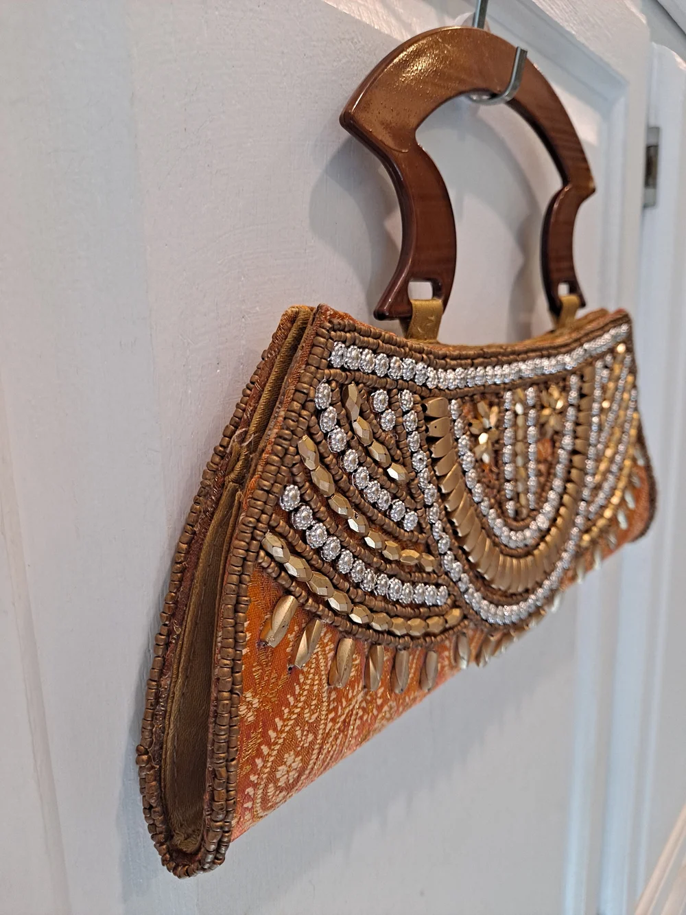 Vintage Beaded Silk Like Orange Evening Clutch Art Deco Wooden Handle Boho Bag